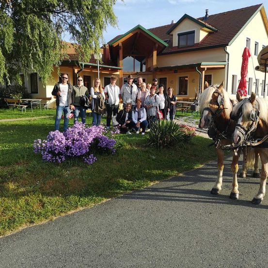 Bild enthält, Outdoors, Shelter, Neighborhood, Person, People, Jeans, Horse, Vehicle, Wagon, Horse Cart