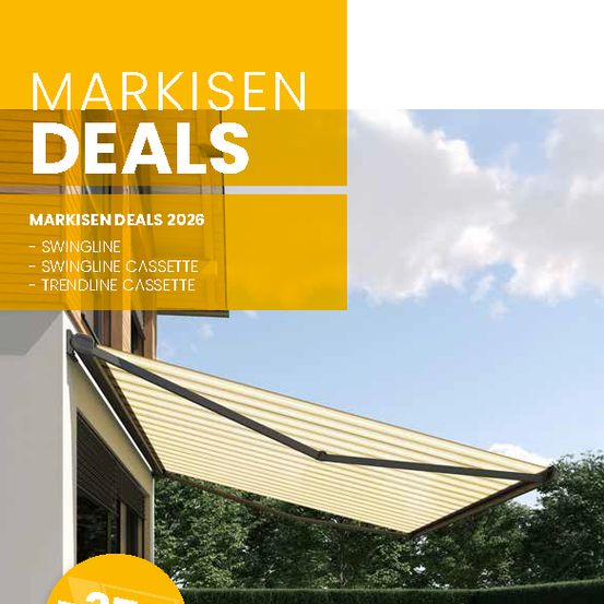 Werbeanzeige für Markisen Deals 2026 mit einer gelben Markise über einer Terrasse, Angebot mit 37% Rabatt. Marken sind Swingline, Swingline Cassette und Trendline Cassette.