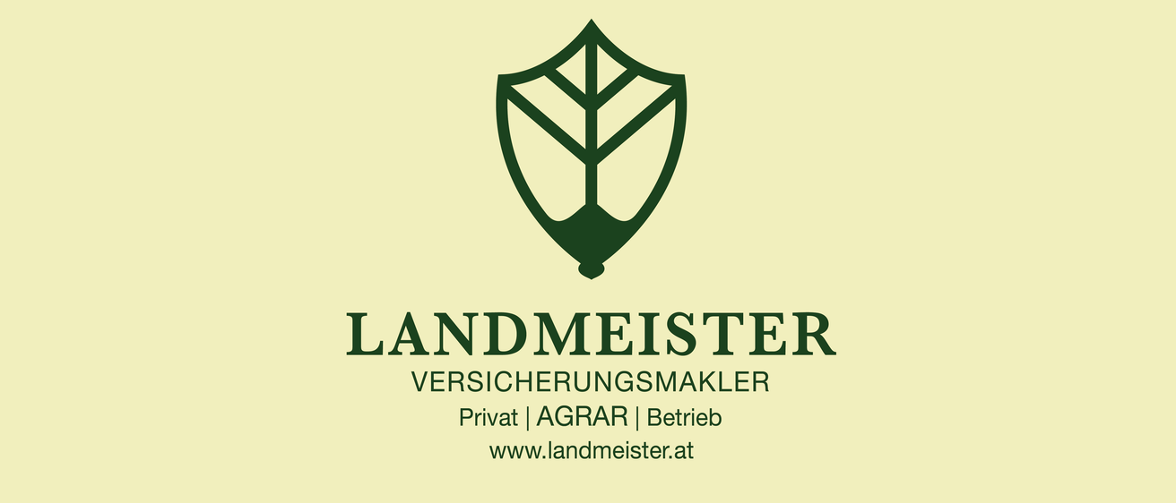 Ein grünes Schild-förmiges Logo mit Blattdesign im Inneren und dem Text Landmeister Versicherungsmakler. Unten stehen die Kategorien Privat, Agrar, Betrieb und die Website www.landmeister.at.