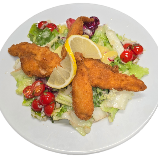 Ein weißer Teller zeigt ein frittiertes Fischgericht mit Zitronenscheiben und einem grünen Salat mit Tomaten und roten Zwiebeln.