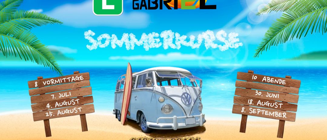 Eine Werbung für den Sommerkurs der Gabriel Fahrschule zeigt einen VW-Bus am Strand mit einem Surfbrett, Altersbeschränkungen 16 und 18, und Telefonnummer 04242/22414.