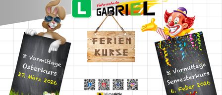 Werbeplakat für Ferienfahrkurse bei der Gabriel Fahrschule. Zeigt einen Hasen, einen Clown und ein Holzschild. Enthält Kontaktdaten und QR-Codes.
