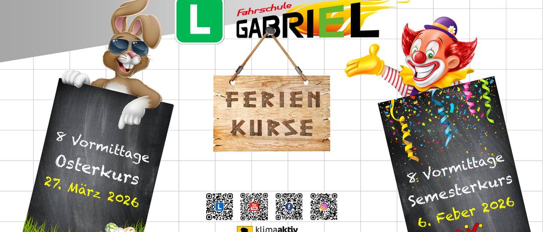 Werbeplakat für Ferienfahrkurse bei der Gabriel Fahrschule. Zeigt einen Hasen, einen Clown und ein Holzschild. Enthält Kontaktdaten und QR-Codes.