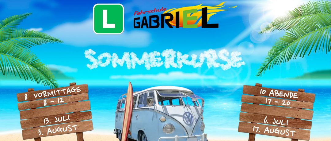 Eine Werbung für die Fahrschule Gabriel zeigt einen VW-Bus am Strand mit einem Surfbrett. Es enthält Kontaktinformationen und eine Website.