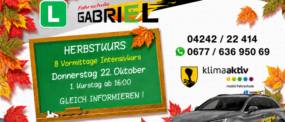 Werbung für die Gabriel Fahrschule zeigt ein Schultafelbild mit Herbstblättern, einem Auto und Kontaktinformationen. Die Veranstaltung ist für den 22. Oktober geplant.