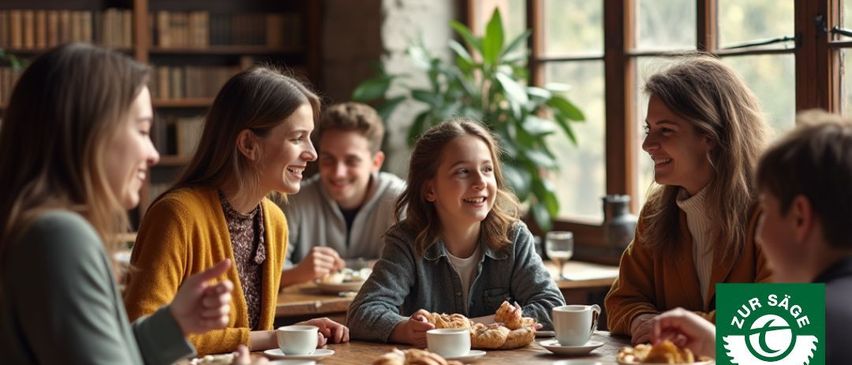 Gruppe von Freunden, die um einen Tisch herumsitzen, lächeln und plaudern. Das Bild hat einen rosa Rahmen und Text, der lautet: Chiaccheriare. Sprachcafe Italienisch. Jeden ersten Samstag im Monat, 10-11 Uhr. Zur Sage.