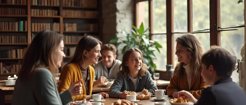 Eine Gruppe von Menschen sitzt in einem gemütlichen Café um einen Tisch herum, lächelt und plaudert, mit Essen und Getränken auf dem Tisch und einer Pflanze in der Nähe des Fensters.