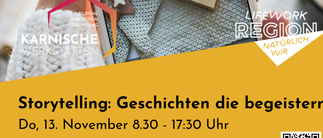 Werbeposter für einen Workshop zu Storytelling und Smartphone-Fotografie. Es zeigt ein offenes Buch, eine Tasse Kaffee und ein Smartphone. Der Workshop ist für den 13. November von 8:30 bis 17:30 Uhr geplant.