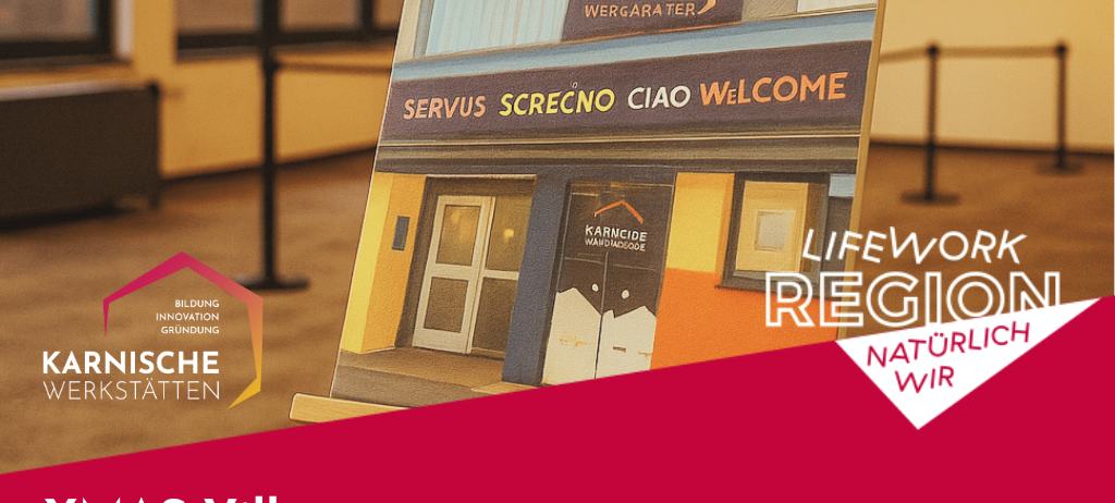 Werbeposter für die Karnischen Werkstätten mit einem Bild eines Werkstattgebäudes und Einladung zur Xmas Village Veranstaltung am 20. und 21. November.