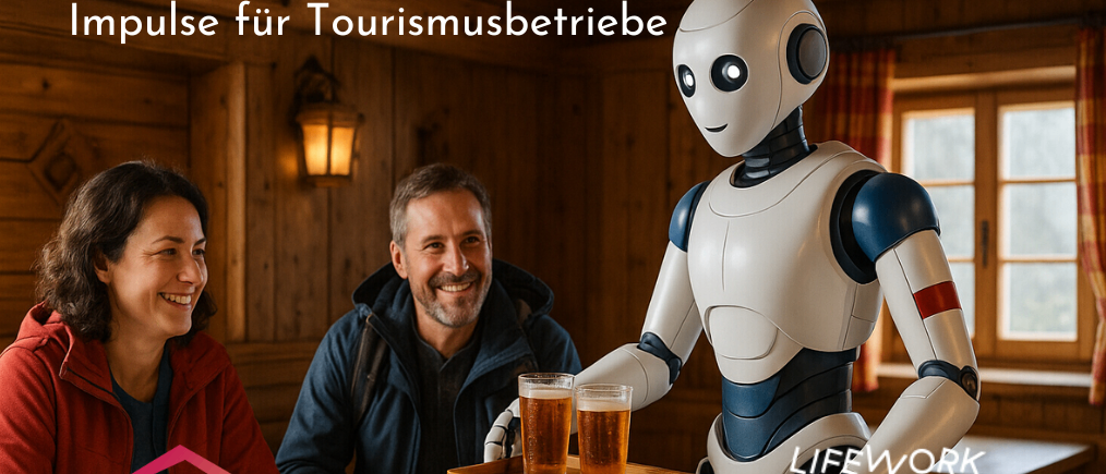 Ein Plakat für eine Veranstaltung über Zukunftsgestaltung mit Digitalisierung und Robotik. Es zeigt einen Roboter, der ein Tablet mit Biergläsern hält, zwei lächelnde Personen und einen QR-Code für die Anmeldung.