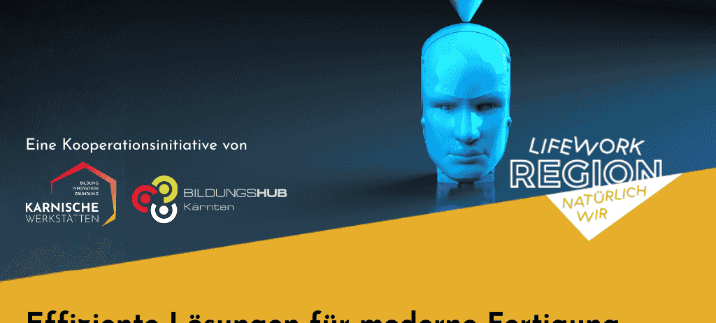 Plakat für Micro-Credentials: Filamentbasierter 3D-Druck. Zeigt ein Bild eines blauen 3D-gedruckten Kopfes. Veranstaltet von Karnische Werkstätten, Bildungshub Kärntner und Lifework Region. Datum: 26. November, 15-18 Uhr. Unterstützt vom Bundesministerium für Klima und Umweltschutz.