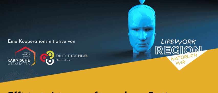 Plakat für Micro-Credentials: Filamentbasierter 3D-Druck. Zeigt ein Bild eines blauen 3D-gedruckten Kopfes. Veranstaltet von Karnische Werkstätten, Bildungshub Kärntner und Lifework Region. Datum: 26. November, 15-18 Uhr. Unterstützt vom Bundesministerium für Klima und Umweltschutz.