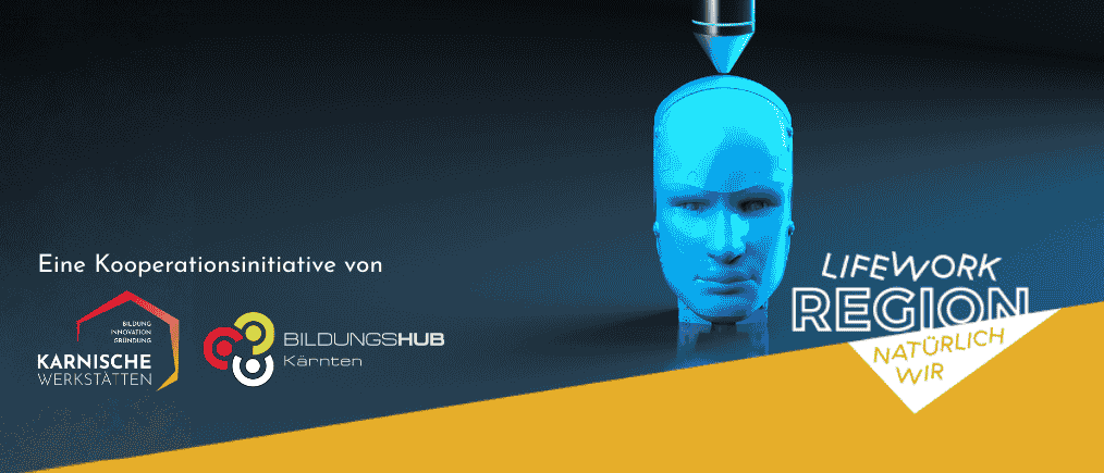 Ein Werbeplakat für Micro-Credentials Filamentbasierten 3D-Druck. Zeigt ein 3D-gedrucktes blaues Gesicht und Logos für 'Karnische Werkstätten' und 'Bildungshub Kärnten'. Die Veranstaltung läuft vom 13. Februar bis 29. Mai 2026 bei 'Karnische Werkstätten'. Die Kosten betragen 1.650 € oder sind für KMUs kostenlos. Unterstützt von Bund, Land und Europäischer Union.