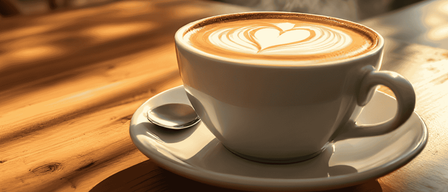 Eine dampfende Tasse Kaffee mit Herzdesign im Schaum steht auf einer Untertasse auf einem Holztisch, mit Stühlen und einem Holztisch im Hintergrund.