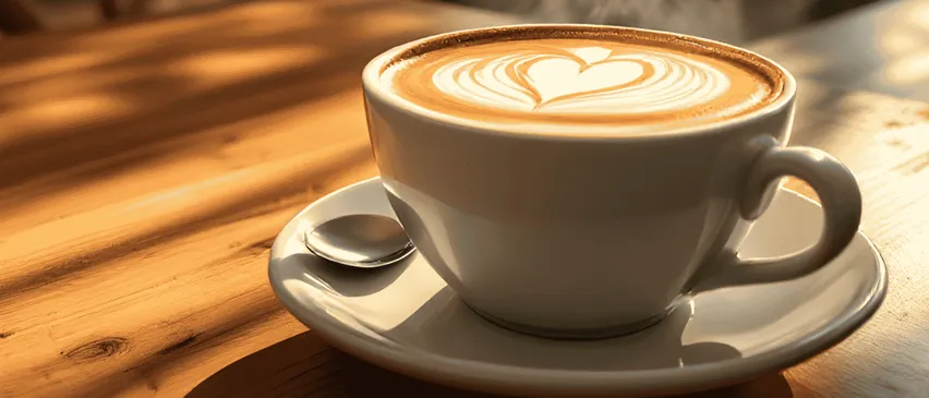 Eine dampfende Tasse Kaffee mit Herzdesign im Schaum steht auf einer Untertasse auf einem Holztisch, mit Stühlen und einem Holztisch im Hintergrund.