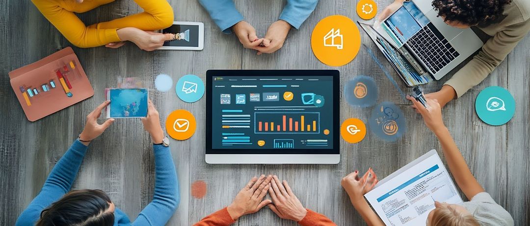 Gruppe von Menschen, die gemeinsam an einem Schreibtisch arbeiten. Ein Laptop mit einem Analyse-Dashboard ist in der Mitte geöffnet. Sie sind von Dokumenten, Telefonen und Symbolen umgeben.