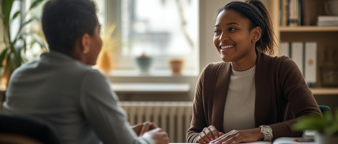 Zwei Frauen sitzen sich an einem Tisch gegenüber, im Gespräch. Die Frau auf der rechten Seite lächelt und hält ein Buch in der Hand.