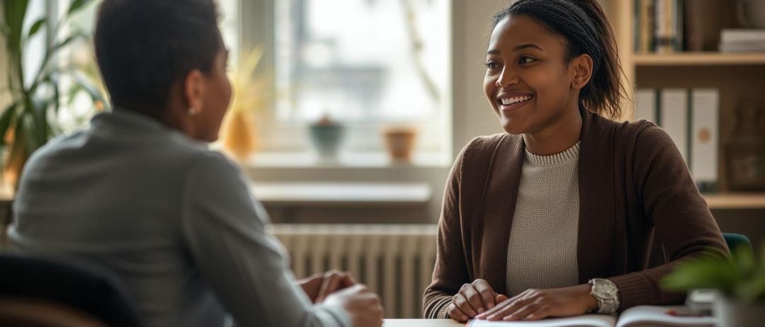 Zwei Personen sitzen in einem Büro an einem Tisch und lächeln. Die Frau schaut den Mann an, der Papiere in der Hand hält. Hinter ihnen befindet sich ein Fenster und ein Heizkörper.