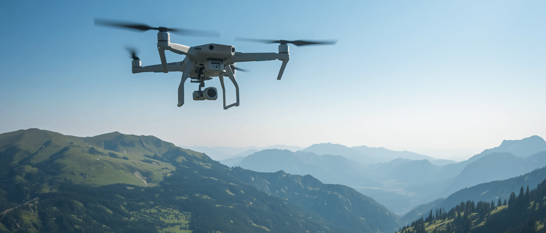 Ein weißer Drohne fliegt über einer Wiese mit gelben Blumen. Eine Person mit Rucksack beobachtet von unten. Im Hintergrund sind Berge und Täler zu sehen.