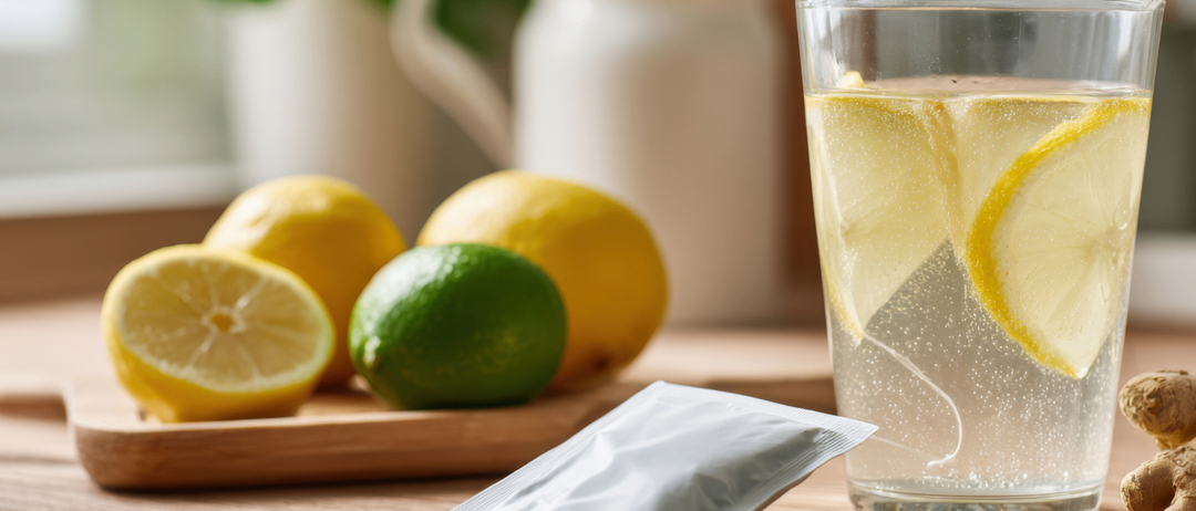 Ein Glas Limonade mit Zitronenscheiben und einer Limette neben einem Beutel Süßungsmittel.