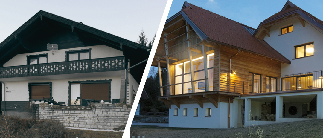 Zwei Häuser werden nebeneinander gezeigt; das linke hat eine Steinmauer und Balkon, während das rechte ein hölzerne Äußeres und beleuchtete Fenster hat.