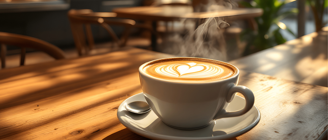 Eine Tasse Kaffee mit herzförmigem Schaum sitzt auf einer Untertasse auf einem Holztisch, Dampf steigt auf.
