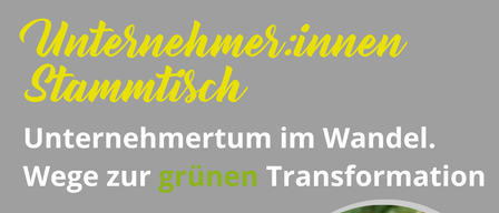 Plakat für einen Workshop zur grünen Transformation, mit einem lächelnden Foto einer Frau, Datum, Ort und Informationen zum Sprecher.