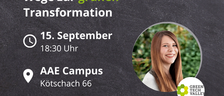 Poster advertising 'Unternehmen Stammtisch' event on September 15th at 18:30, featuring a smiling woman and a green tech valley logo.
