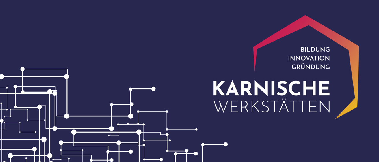 Ein blauer Hintergrund mit weißem Verdrahtungsmuster und dem prominent angezeigten Wort 'Karnische Werkstatten'. Das Logo hat ein rotes Dach und die Worte 'Bildung Innovation Grundung'.