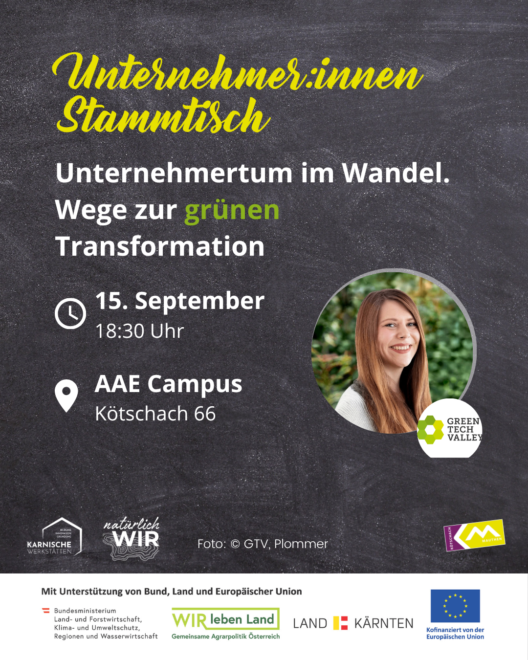 Plakat für ein Seminar über nachhaltige Geschäftspraktiken mit einer lächelnden Frau, Datum, Uhrzeit und Standortdetails.