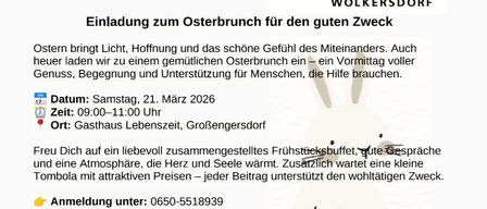 Einladung zum Osterbrunch für den guten Zweck. Ostern bringt Licht, Hoffnung und das schöne Gefühl des Miteinanders. Auch heute laden wir zu einem gemütlichen Osterbrunch ein, ein Vormittag voller Genuss, Begegnung und Unterstützung für Menschen, die Hilfe brauchen. Datum: Samstag, 21. März 2026. Zeit: 09:00-11:00 Uhr. Ort: Gasthaus Lebenszeit, Großsgersdorf.