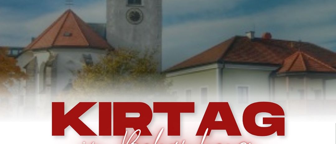 Plakat für ein Dorffest in Behamberg. Zeigt eine Kirche, Gebäude und einen Glockenturm. Das Ereignis ist für den 26. Oktober 2025 geplant.