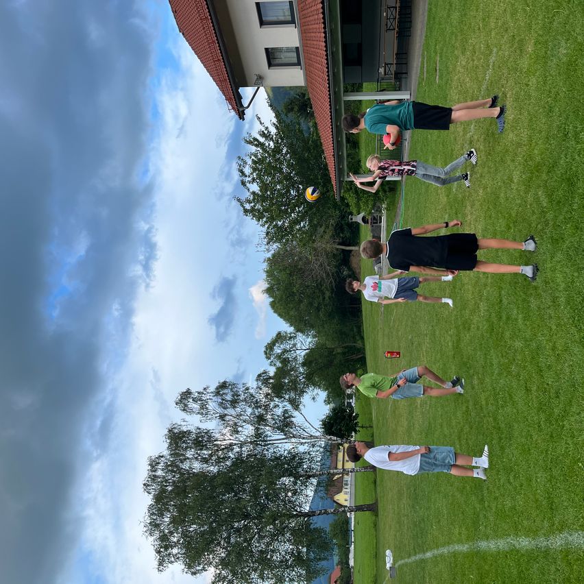 Bild enthält, People, Person, Grass, Plant, Shorts, Lawn, Volleyball (Ball), Field, Shoe, Head