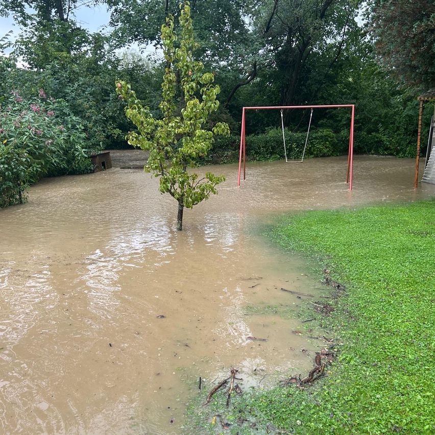 Ein überschwemmter Garten mit einem Baum und einem Schaukelset, das im Wasser steht.