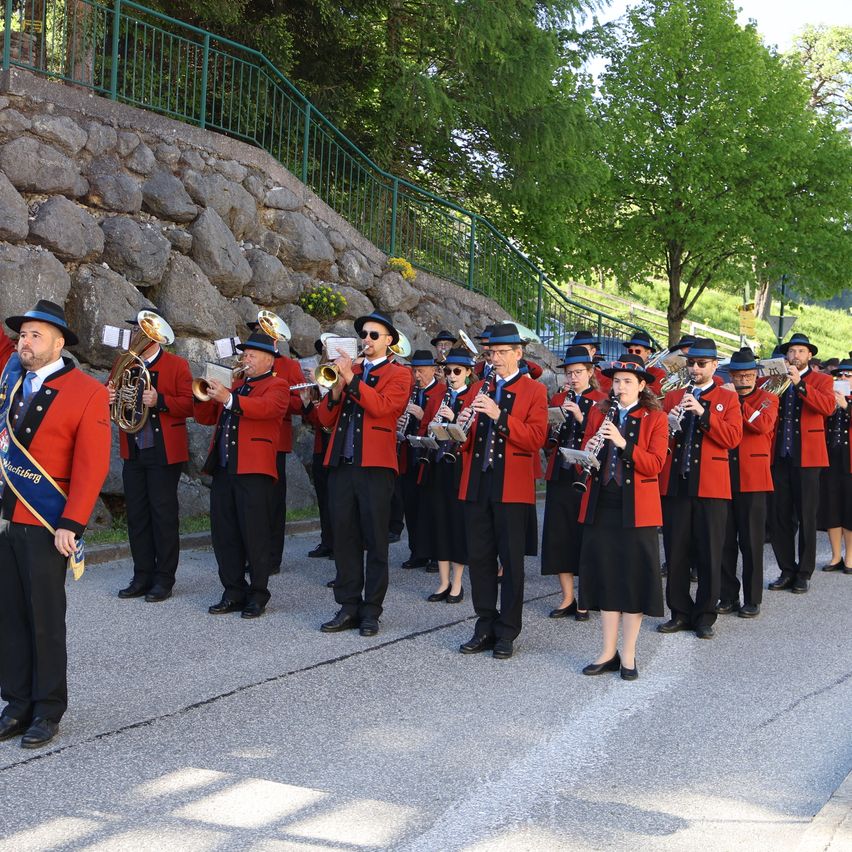 A marching band dressed in red uniforms stands on a street, performing with various instruments. Behind them, a stone wall and greenery are visible.