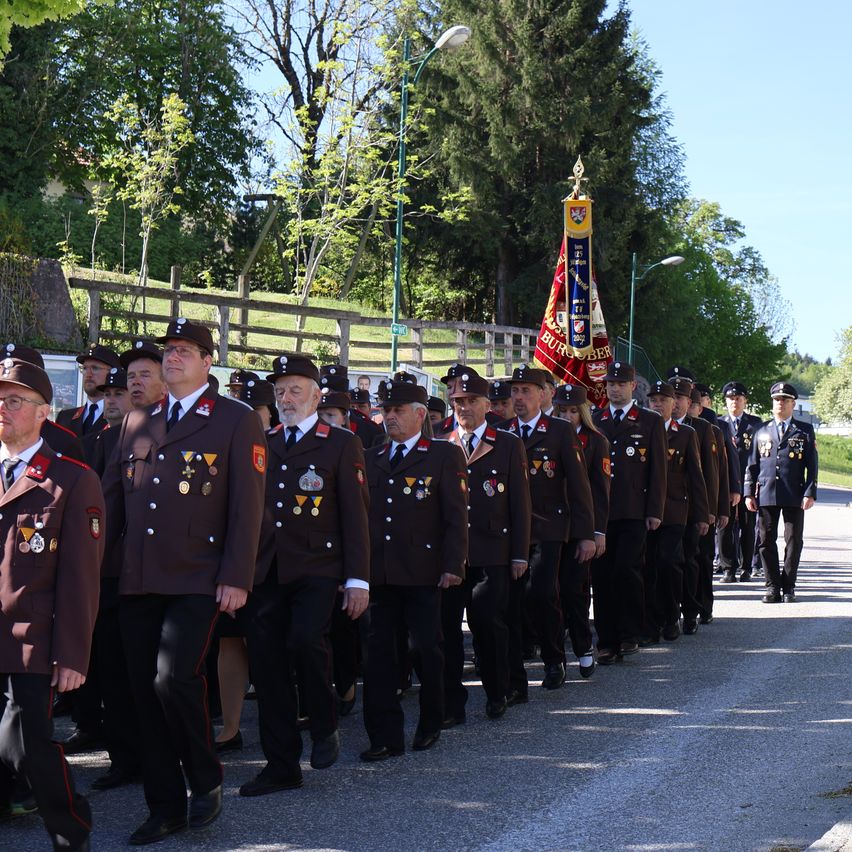 A group of uniformed individuals is marching in a line with a flag bearer at the front. They are wearing medals and hats. The road has a wooden fence on the side.