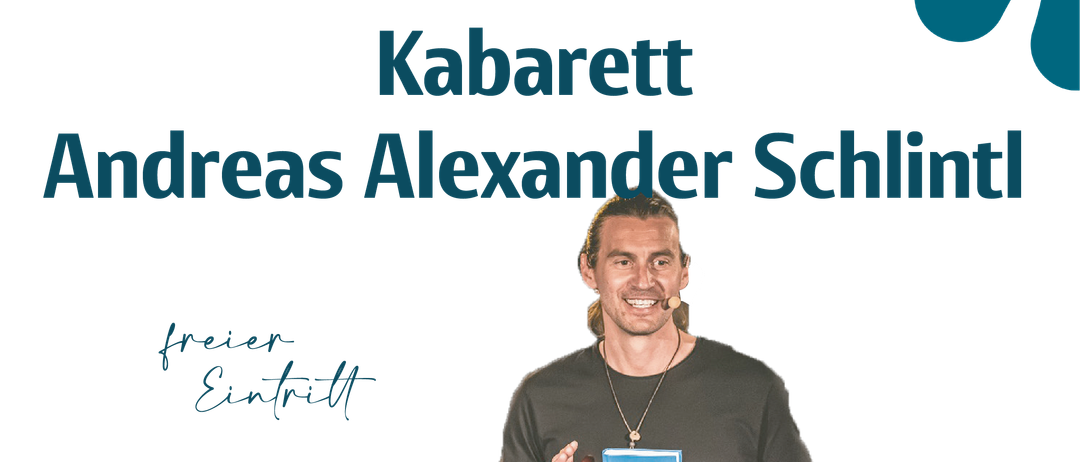 Plakat für Andreas Alexander Schintls Kabarettabend, mit einem Bild von ihm, das ein Buch hält. Geplant für den 29. November 2025.