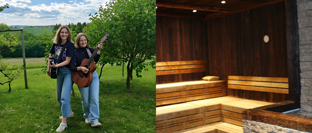 Zwei Frauen mit einer Gitarre stehen unter einem Baum. Ein weiteres Bild einer Holzbank in einem Sauna.