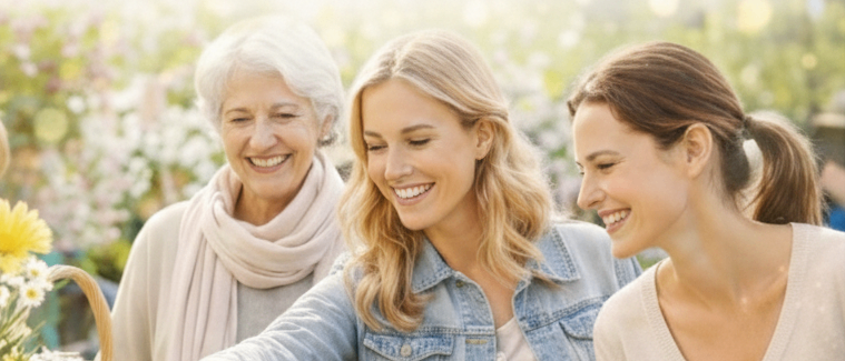 Drei Frauen lächeln bei einem Tisch voller Gläser, Blumen und Eier. Eine Frau zeigt auf die Gläser. Die Frau links trägt einen Schal und die rechts hat einen Pferdeschwanz.