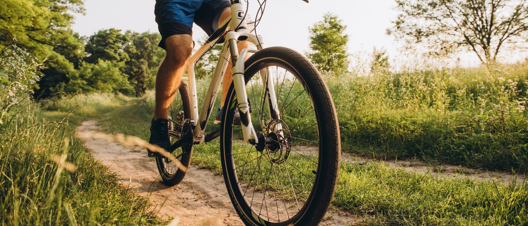 Ein Mann fährt ein Mountainbike auf einem Pfad in der Natur, umgeben von Bäumen und Gras.