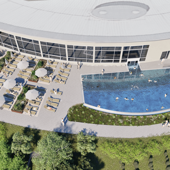 Eine Vogelperspektive eines modernen Gebäudes mit einem Schwimmbad. Mehrere Menschen schwimmen und entspannen sich auf Liegestühlen unter Sonnenschirmen. Das Gebäude hat viele Fenster und ein kreisförmiges Dachdesign.