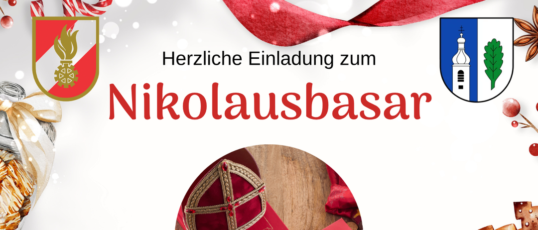 Nikolausbasar-Plakat mit rotem Hut, Buch und Süßigkeiten. Das Event findet am 6. Dezember 2025 um 15:00 Uhr am Dorfplatz statt. Nikolaus kommt gegen 16:00 Uhr. Kinder können Lebkuchen backen.