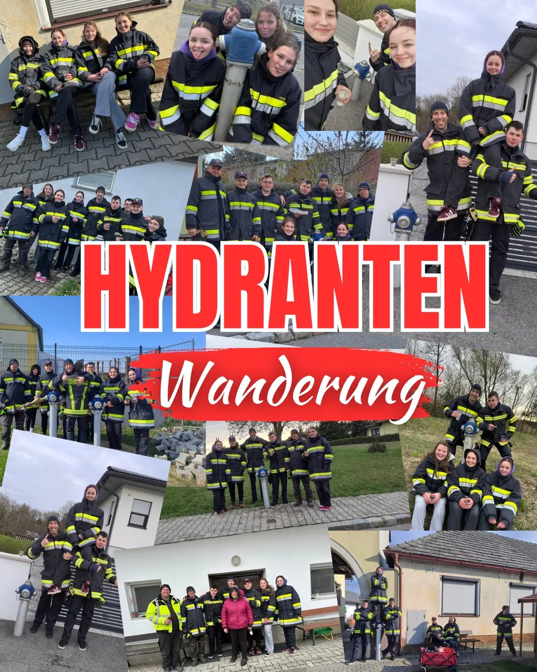 Eine Collage von Feuerwehrleuten in Uniform, stehend und sitzend, mit den Worten Hydranten Wanderung in Rot oben. Sie halten Feuerhydranten und posieren für ein Foto.
