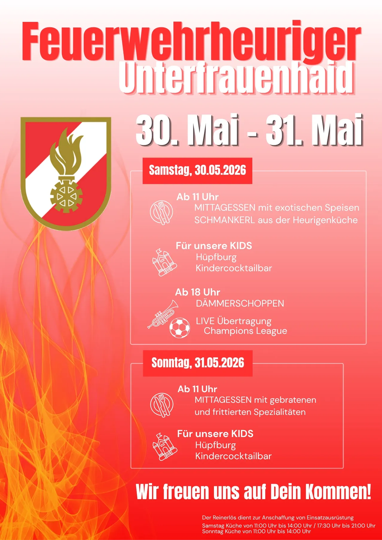 Plakat für eine Veranstaltung am 30. und 31. Mai. Es bietet exotische Speisen, Aktivitäten für Kinder und eine Live-Übertragung der Champions League.