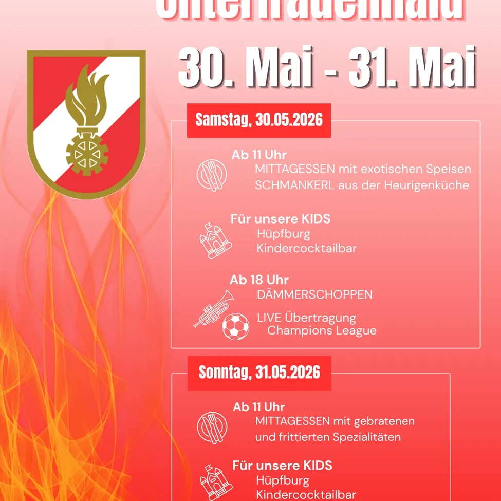 Plakat für eine Veranstaltung am 30. und 31. Mai. Es bietet exotische Speisen, Aktivitäten für Kinder und eine Live-Übertragung der Champions League.