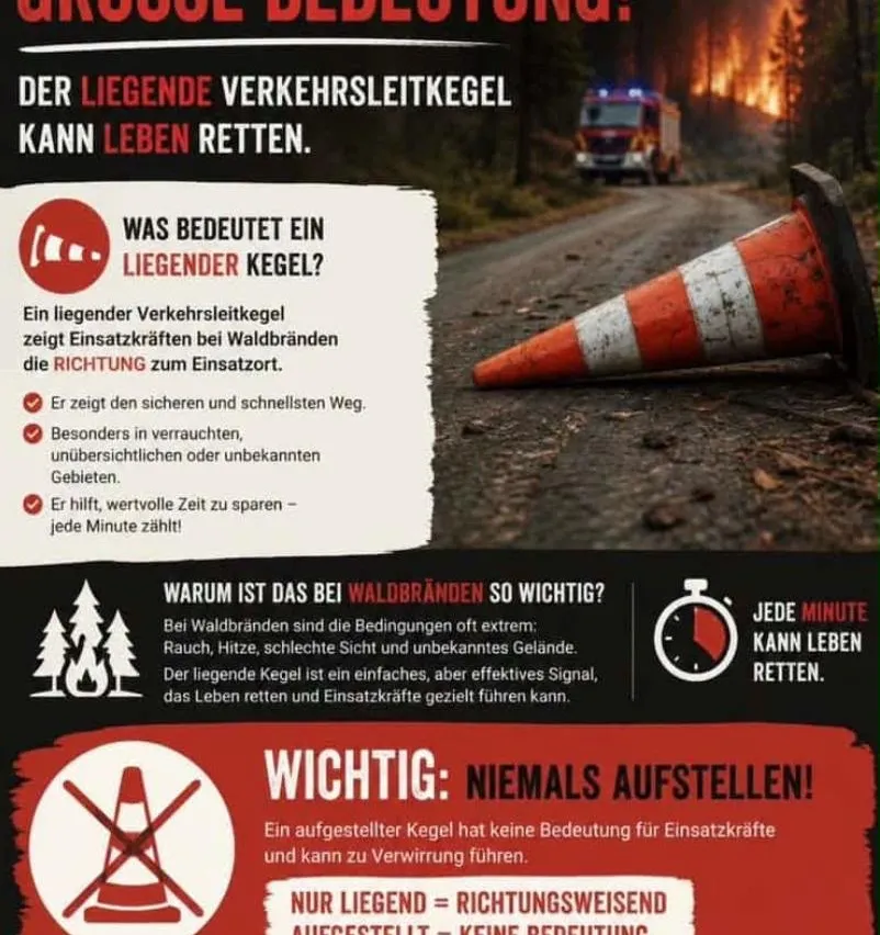 Ein liegender Verkehrsleitkegel zeigt Einsatzkräften bei Waldbränden die Richtung zum Einsatzort. Er hilft, wertvolle Zeit zu sparen - jede Minute zählt!