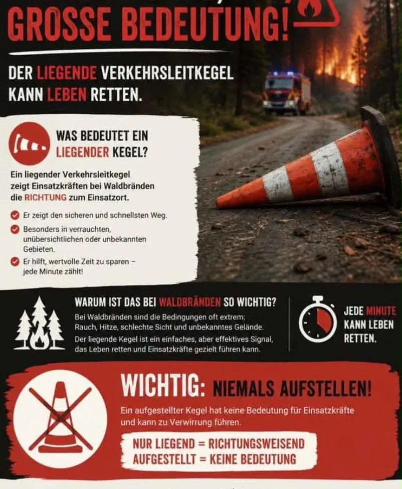 Ein liegender Verkehrsleitkegel zeigt Einsatzkräften bei Waldbränden die Richtung zum Einsatzort. Er hilft, wertvolle Zeit zu sparen - jede Minute zählt!