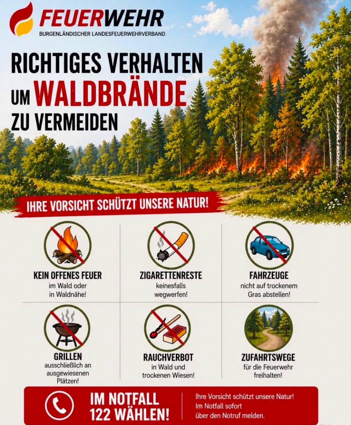 Ein Infografik mit Waldhintergrund zeigt Sicherheitstipps zur Verhinderung von Waldbränden. Es enthält Verbote für offenes Feuer, Zigaretten, Fahrzeuge auf trockenem Gras, Grillen, Rauchen und Fahren auf Waldwegen. Der Titel lautet 'Richtiges Verhalten um Waldbrände zu vermeiden'.