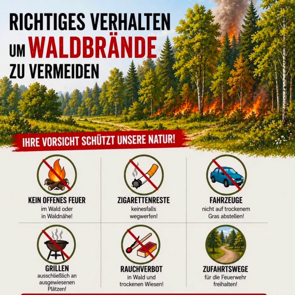Ein Infografik mit Waldhintergrund zeigt Sicherheitstipps zur Verhinderung von Waldbränden. Es enthält Verbote für offenes Feuer, Zigaretten, Fahrzeuge auf trockenem Gras, Grillen, Rauchen und Fahren auf Waldwegen. Der Titel lautet 'Richtiges Verhalten um Waldbrände zu vermeiden'.