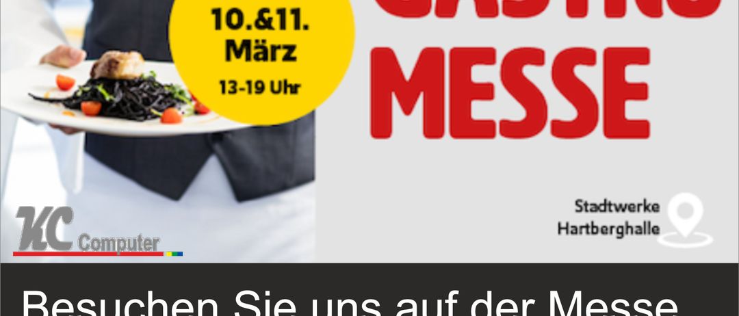 Eine Werbung für die Gastro Messe, die am 10. und 11. März von 13 Uhr bis 19 Uhr stattfindet, mit einem Teller Essen und einem Logo.